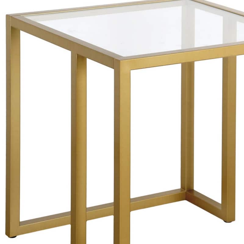 Clear Glass Brass Steel Square End Table with Sled Base for Home Use - 20” x 20” x 22” (D x W x H)