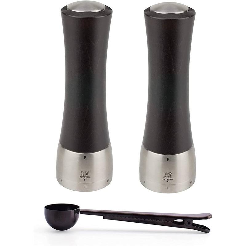 Peugeot Madras U'Select Shaftless 8-Inch Salt & Pepper Mill Gift Set, Chocolate - With Stainless Steel Spice Scoop & Clip - Chocolate - 3 Piece