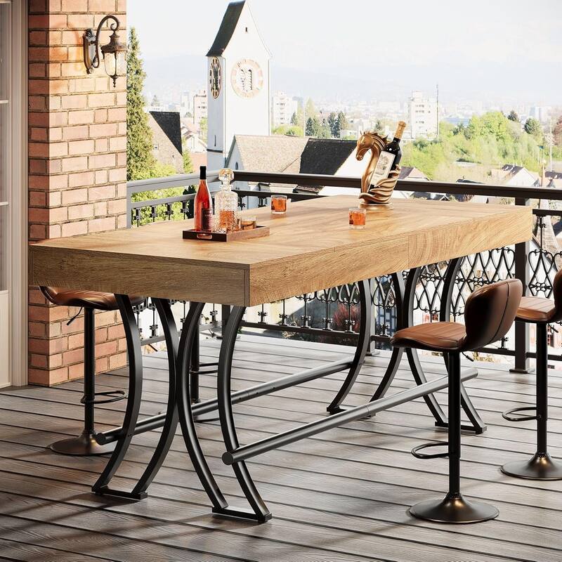 63 Inches Engineered Wood Bar Table, Rectangular Home Bar Unit with Metal Footrest