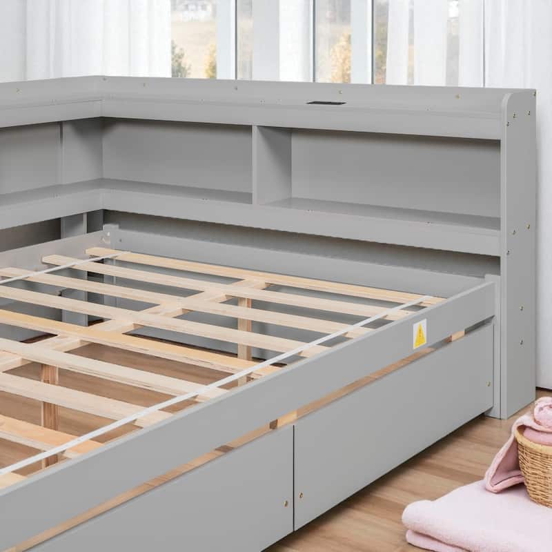 Full Size Bed with L-Shaped Bookcases, Power Outlets, USB Ports and 2 Storage Drawers