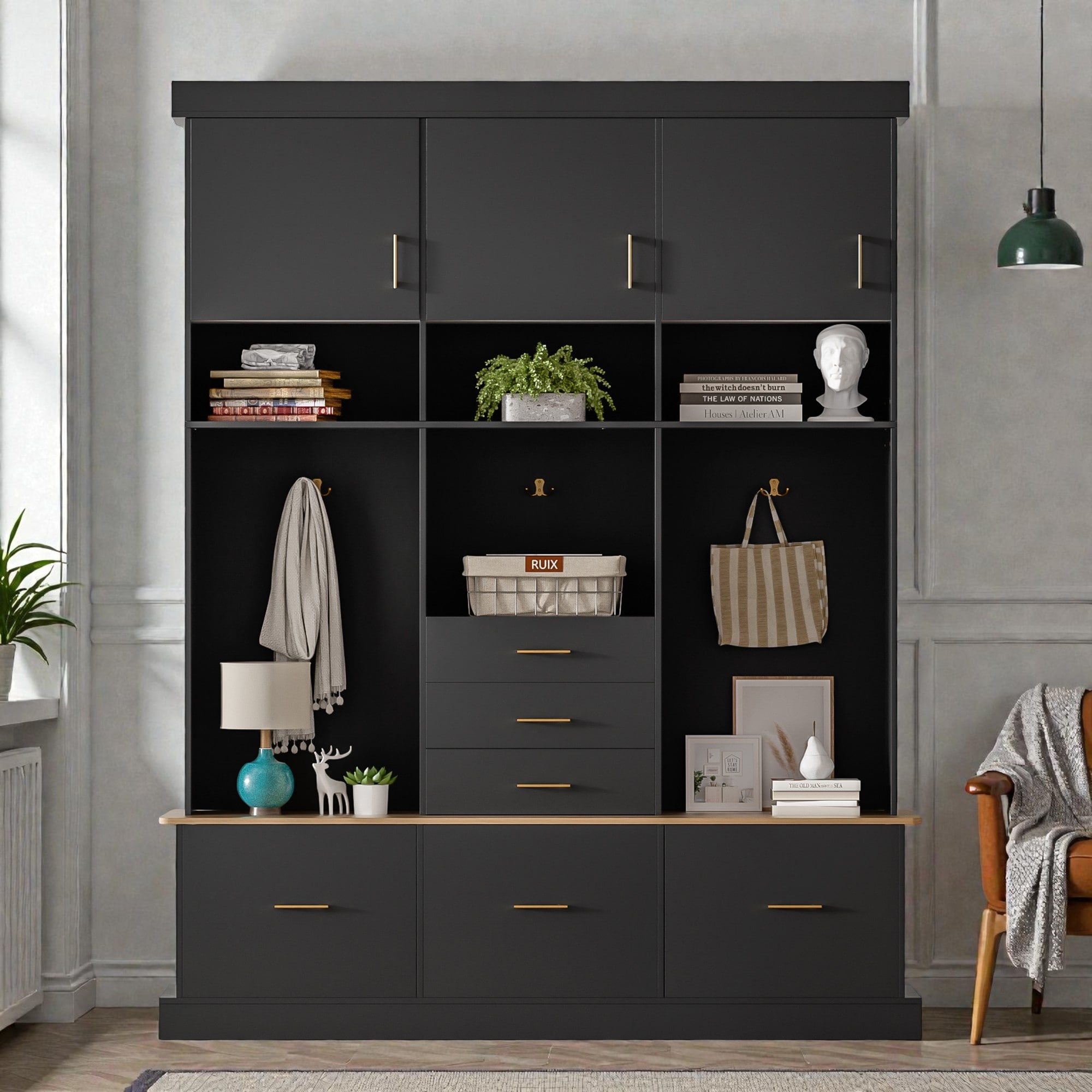 75 Inch Hall Tree with Bench and Storage, 5-in-1 Entryway Organizer with Coat Rack, 6 Drawers, 3 Cabinets and Shelves