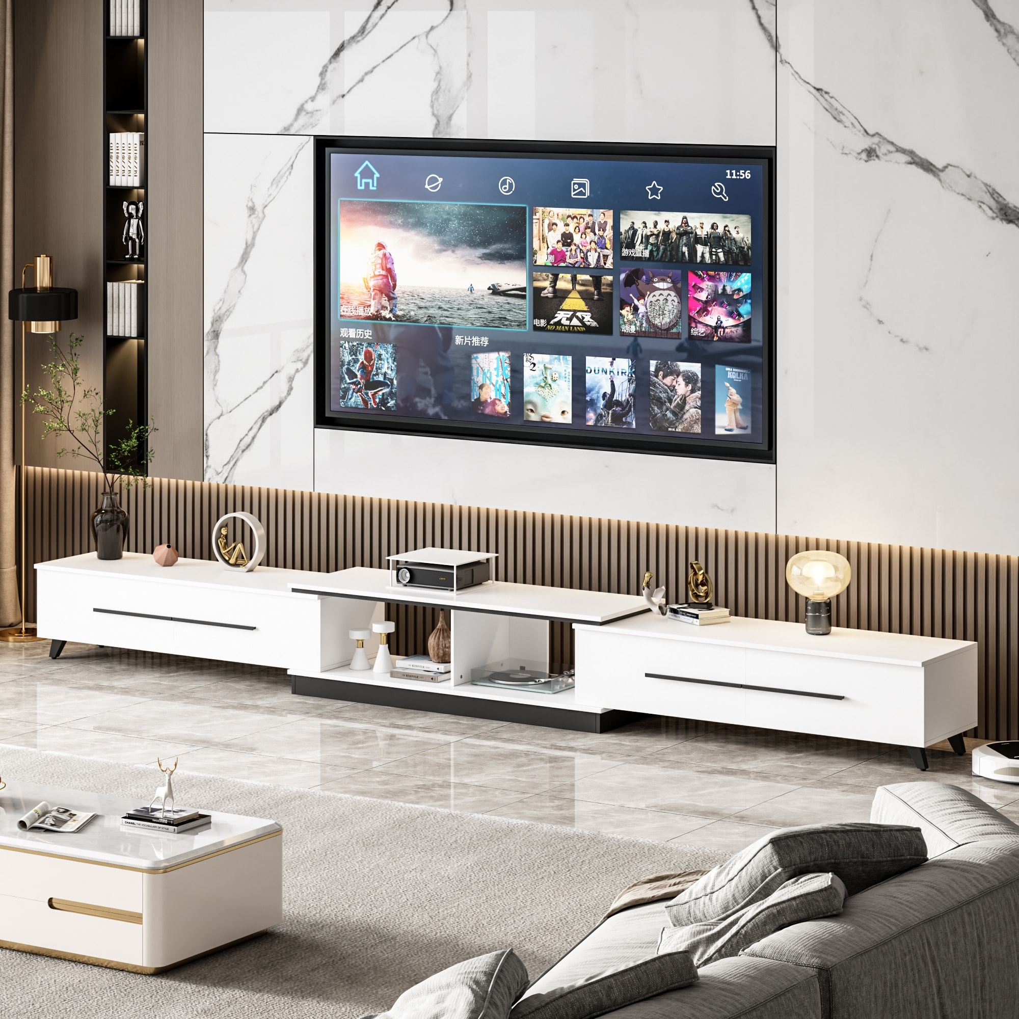 Extendable Modern TV Stand for TVs up Black White Living Room Table Black Gold