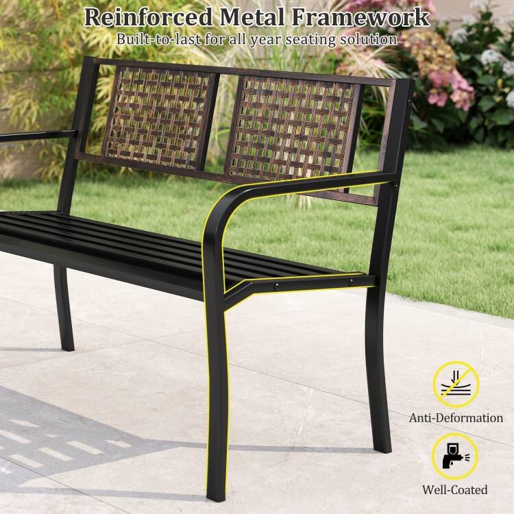 Black Metal Woven-Look Garden Bench with Curved Seat, Armrests and Non-Slip Feet - 50" L x 23.5" W x 32" H