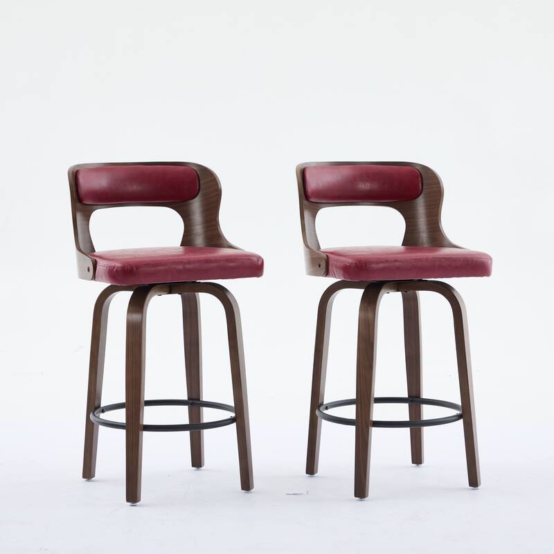 SEYNAR PU Leather 360 Degree Swivel Open Back Bar Stools Wood Legs Set of 2
