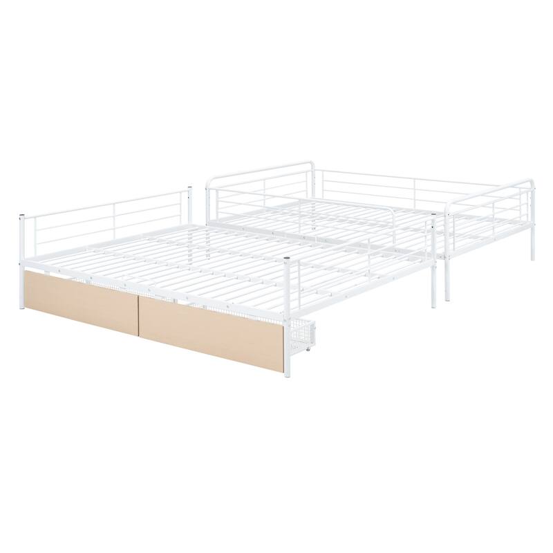White Full XL Over Queen Metal Bunk Bed with 2 Drawers, Sturdy Iron Frame, Space-Saving Design
