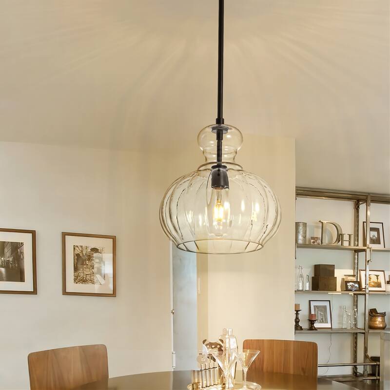 1-Light Modern Black/Gold Dome Textured Clear Glass Pendant Lights