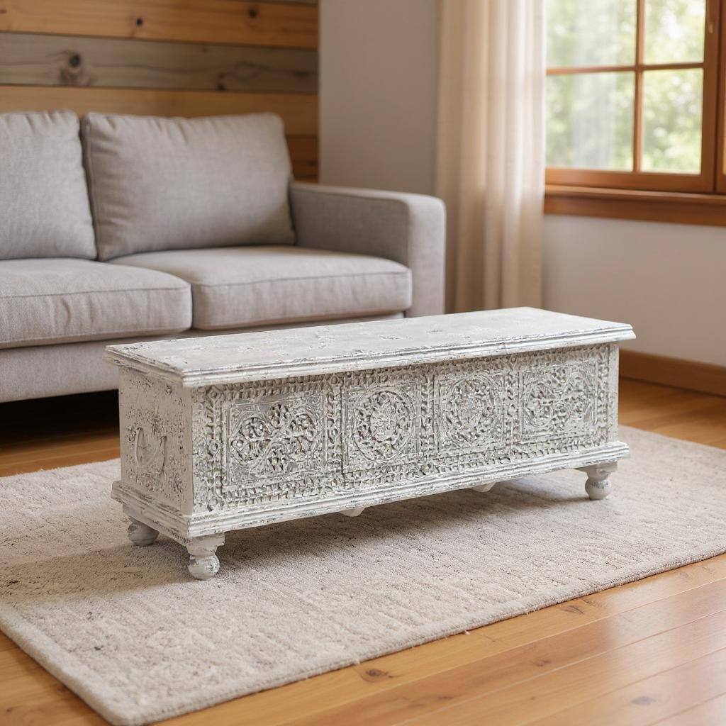 HomeRoots 54" White Solid Wood Medallion Storage Ottoman