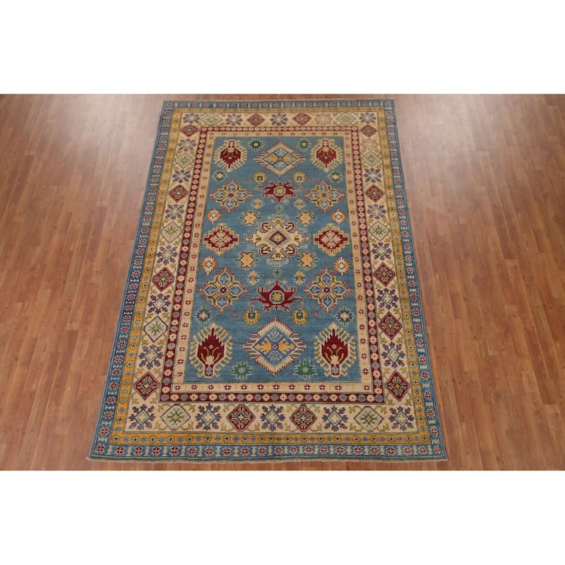 Hand Knotted Oriental 100% Wool Carpet Traditional Geometric Navy Blue & Blues Kazak Area Rug - 9' 6'' X 6' 6''