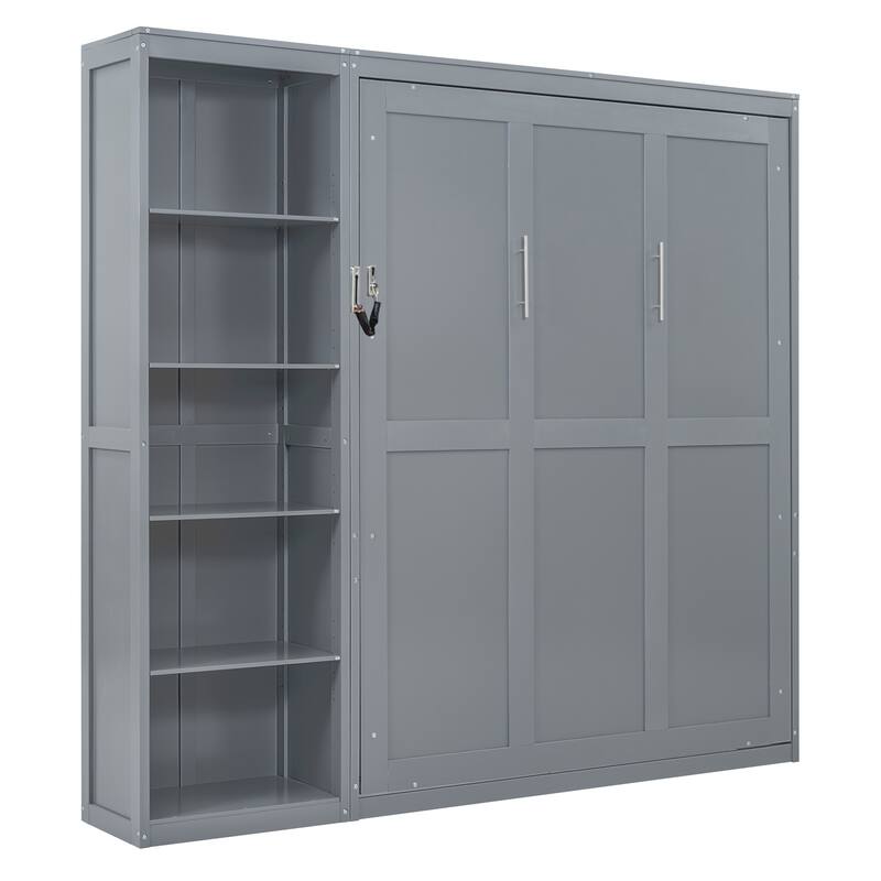 Roomfitters Queen Wall Murphy Bed with Adjustable Shelves Storage Cabinet Wood Frame