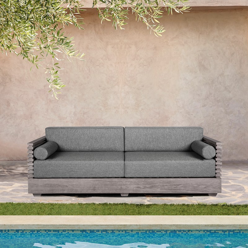 Vivid Eucalyptus Solid Wood All Weather Outdoor 3 Seater Patio Sofa with Olefin Cushions - Light Gray