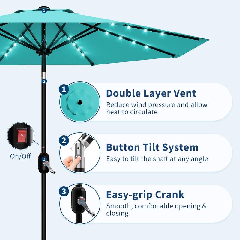 9 ft Patio Umbrella, 8 Sturdy Ribs, with Lights