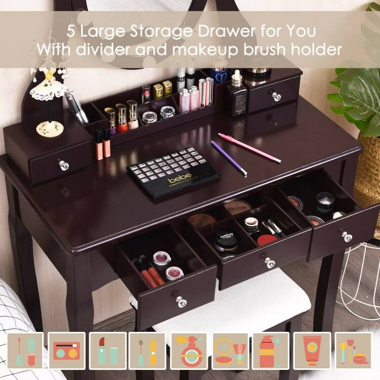 10 Dimmable Lights Vanity Table Set with Lighted Mirror and Cushioned Stool-Coffee - 31.5" x 16" x 54" (L x W x H)