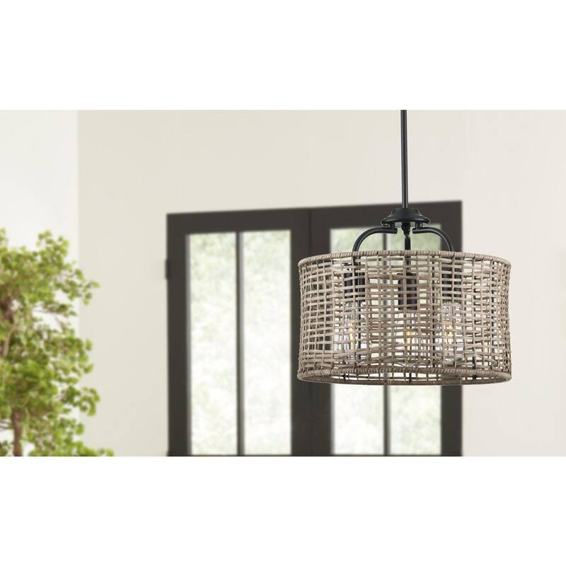 Lavelle Collection 3-Light Rattan Black Semi-Flush Mount Ceiling Light - 15.625 in x 15.625 in x 14.375 in