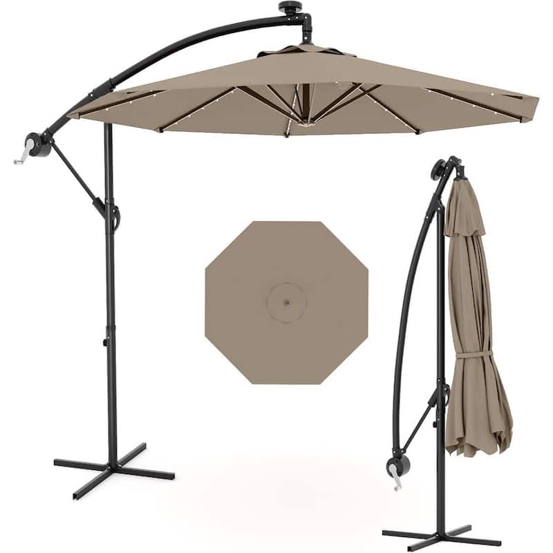 10FT Patio Outdoor Offset Umbrella with Lights for Deck Poolside Lawn Backyard - Tan
