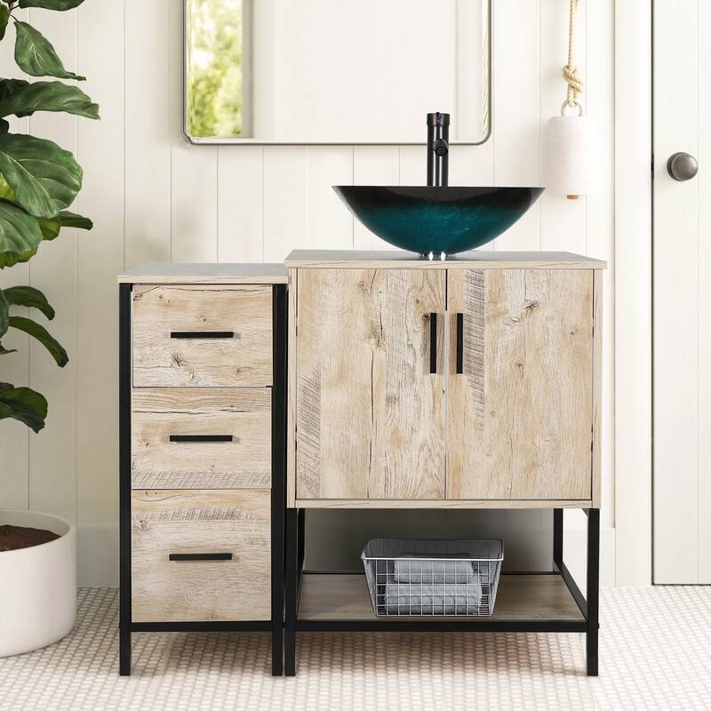 36" Bathroom Vanity Cabinet W/ Sink Faucet Drain Set Top Side Cabinet Combo - turquoise square sink
