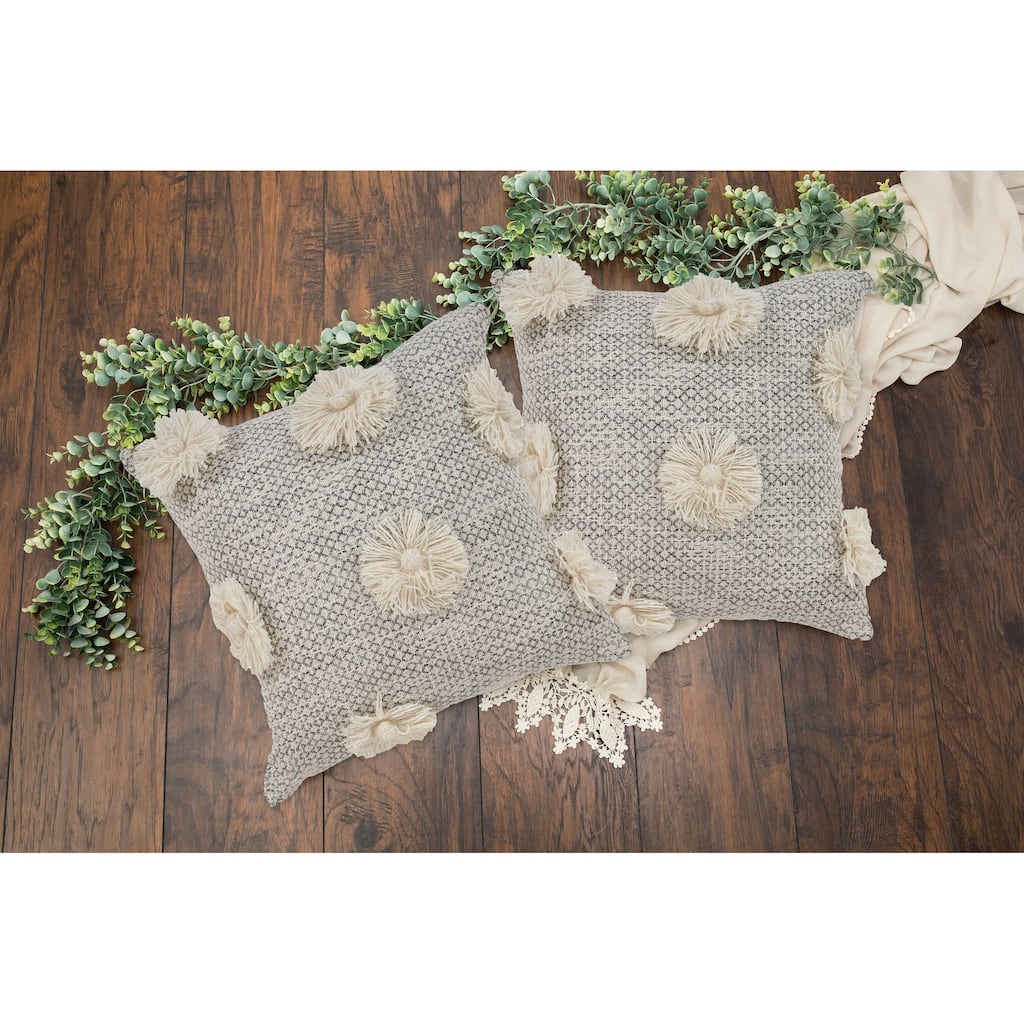 Sevita Willow Gray/Ivory Floral Cotton Throw Pillow, Set of 2