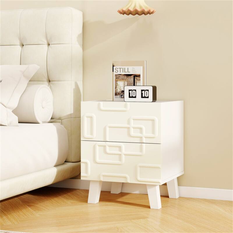 White Engineered Wood Nightstand with 2 Drawers and 3D Geometric Design