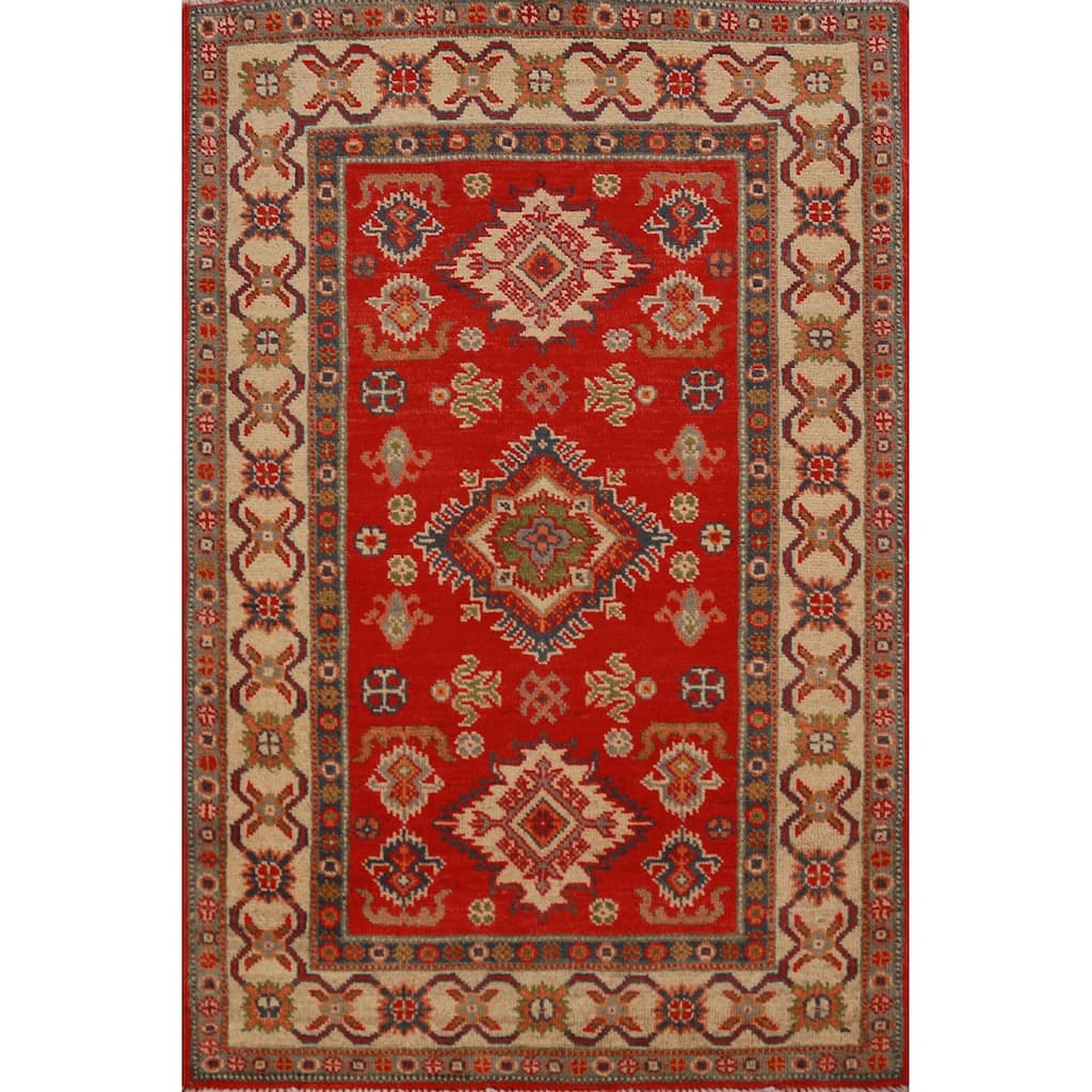 Traditional Red Foyer Rug Hand-Knotted Geometric Wool Carpet - 2'9"x 4'1"