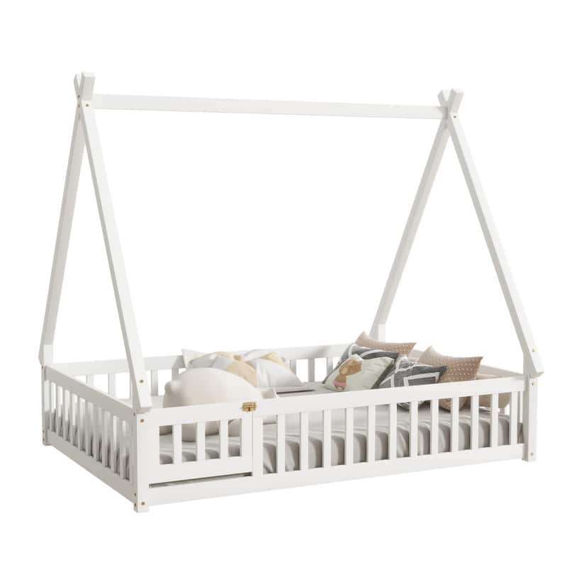 Full Size Rubber Wood Tent-shaped Floor Bed with Guardrails,Slats and Door