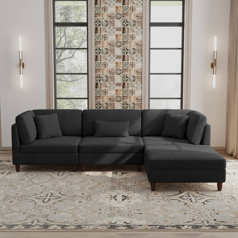 Corduroy Convertible Couch Modular Sectional Sofa with Ottoman