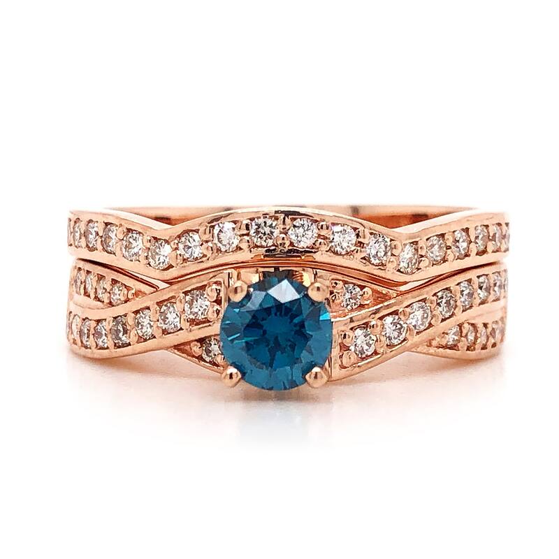 Auriya 14k Rose Gold 3/4ctw Twisted Round Blue Diamond Engagement Ring Set
