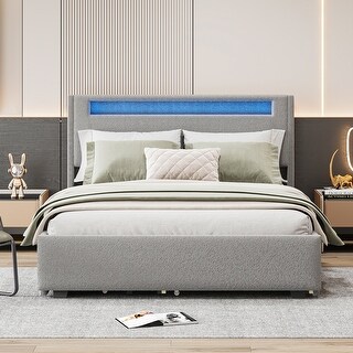 Teddy Fleece Bed with LED Wingback Frame Bed and Trundle, Drawers