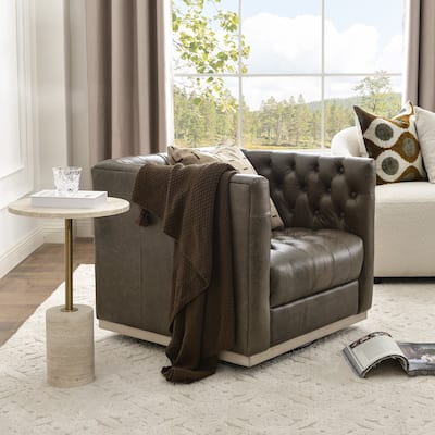 KINWELL 100% Genuine Leather Square Swivel Barrel Accent Chair