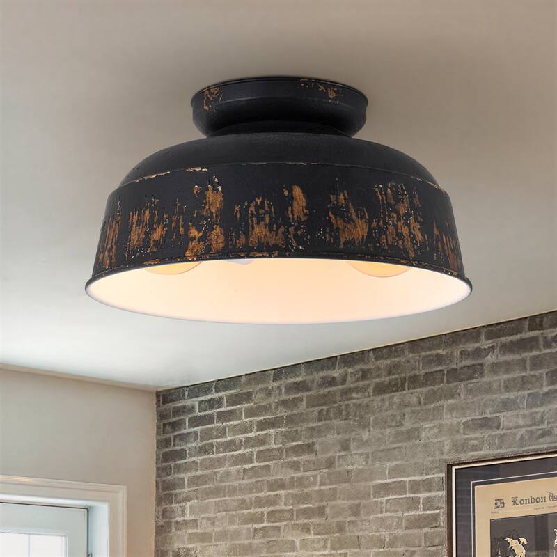 2-Light Farmhouse Semi Flush Mount Ceiling Light - Distressed Black and Gold