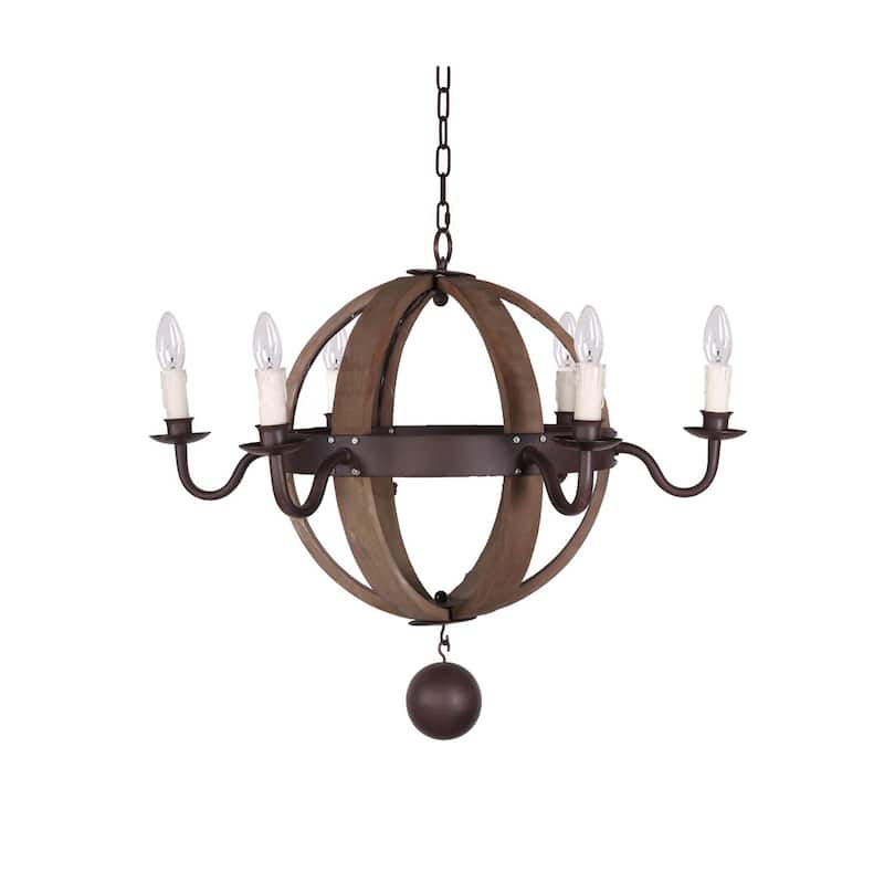 HomeRoots Brown And Black Wood and Metal Sphere Six Light Dimmable Chandelier - 25.00' X '30.50' X '30.50
