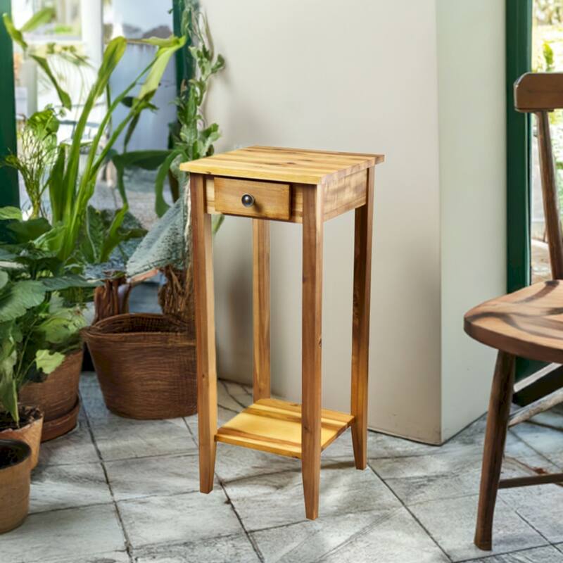 2-Tier Solid Acacia Wood Plant Table with Drawer