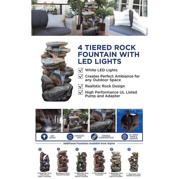 Relaxing and Soothing Modern Outdoor Four Tiered Fountain Cascading Water Floor Fountain 42 Inch High Resin Fiberglass Water Fountain Homelity 4-Tier Rock Water Fountain with LED Lights