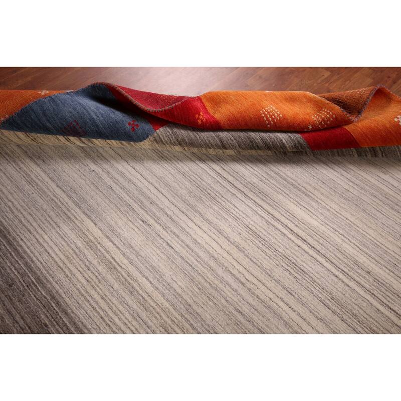 Striped Gabbeh Indian Area Rug Handmade Oriental Beige Wool Carpet - 8'4" x 9'8"