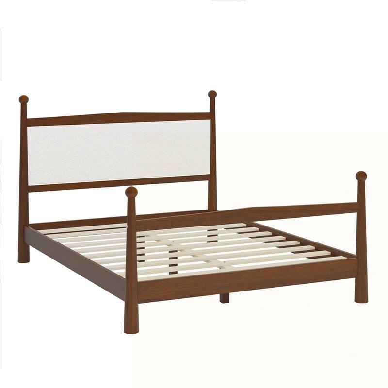 Solid Pine Wood Platform Bed with Upholstered Headboard