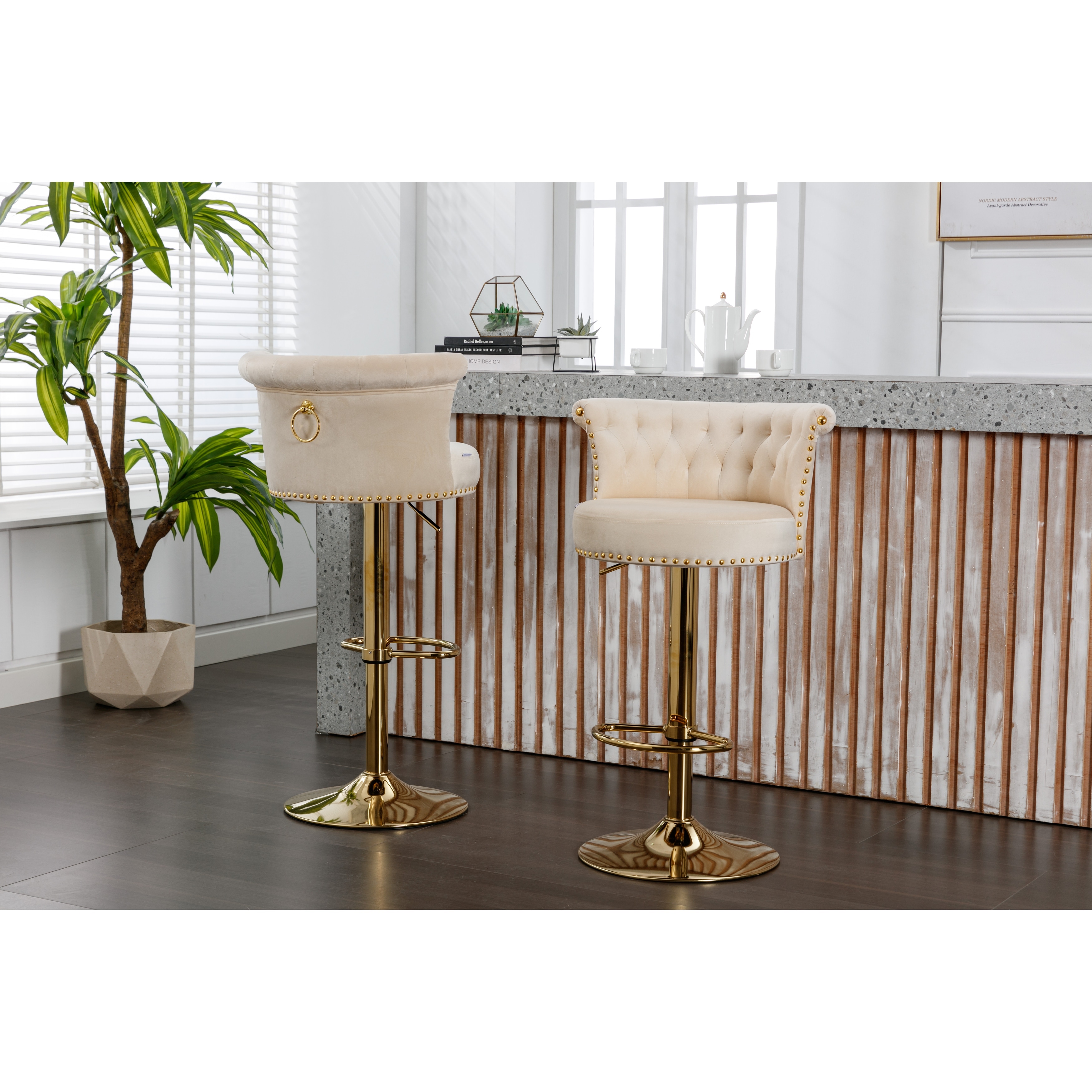 Velvet Upholstered Bar Stools Set of 2, Adjustable Swivel Barstools with Button Tufted Backrest and Metal Base