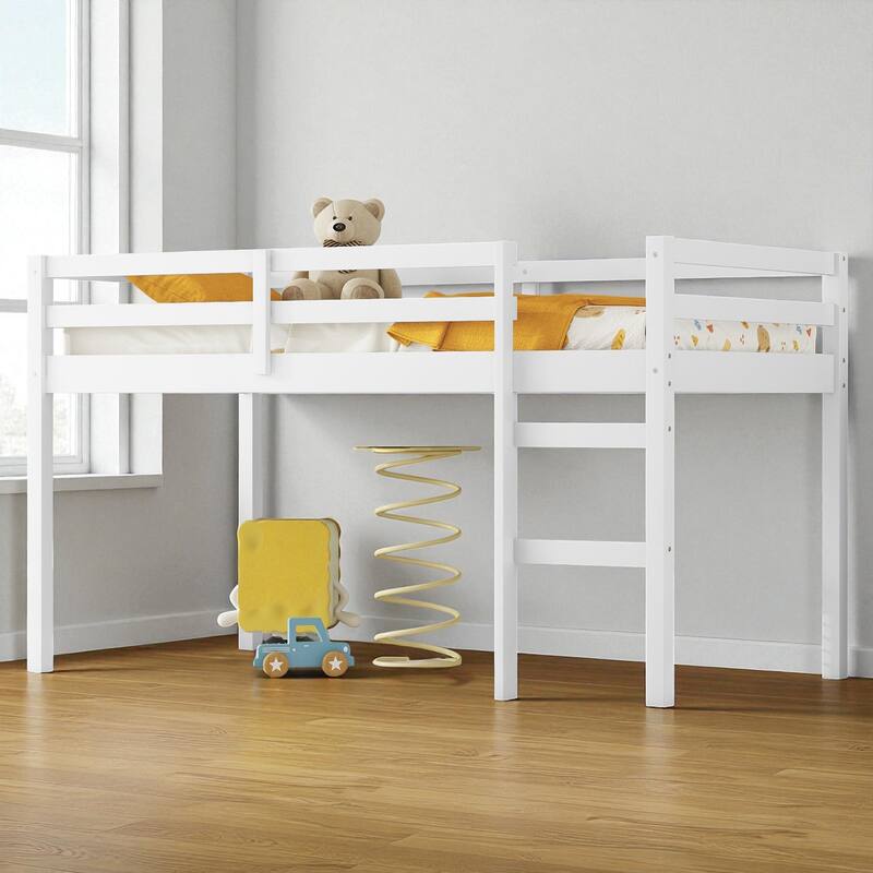 Solid Wood Twin Loft Bed with Ladder, Rubber Wood Frame Low Height Design with Guard Rails and Storage Space