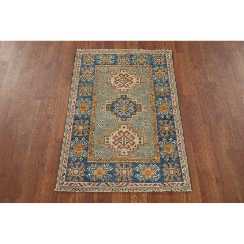 Green Kazak Foyer Rug Handmade Wool Carpet - 2'1" x 3'0"