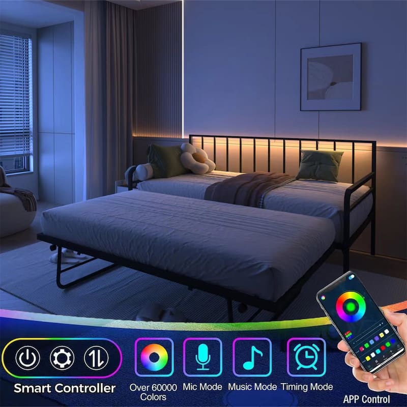 Twin Size Metal Daybed with RGB LED Lights,Charging Station,Trundle
