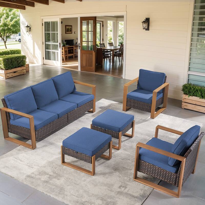 Gymojoy Outdoor Sofa Patio Chair with Ottoman Funiture - Brown - Blue