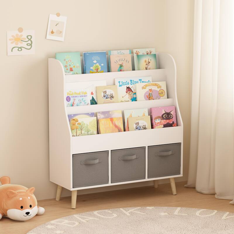 Anmytek 3 Tier Kids Bookcase with Toy Storage Drawers Slanted Display Shelves Pine Wood White for Nursery Playroom