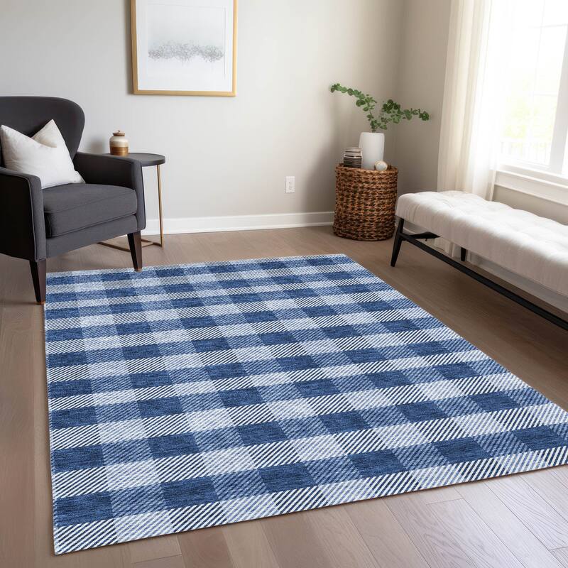 Machine Washable Indoor/ Outdoor Chantille Plaid Stripe Rug