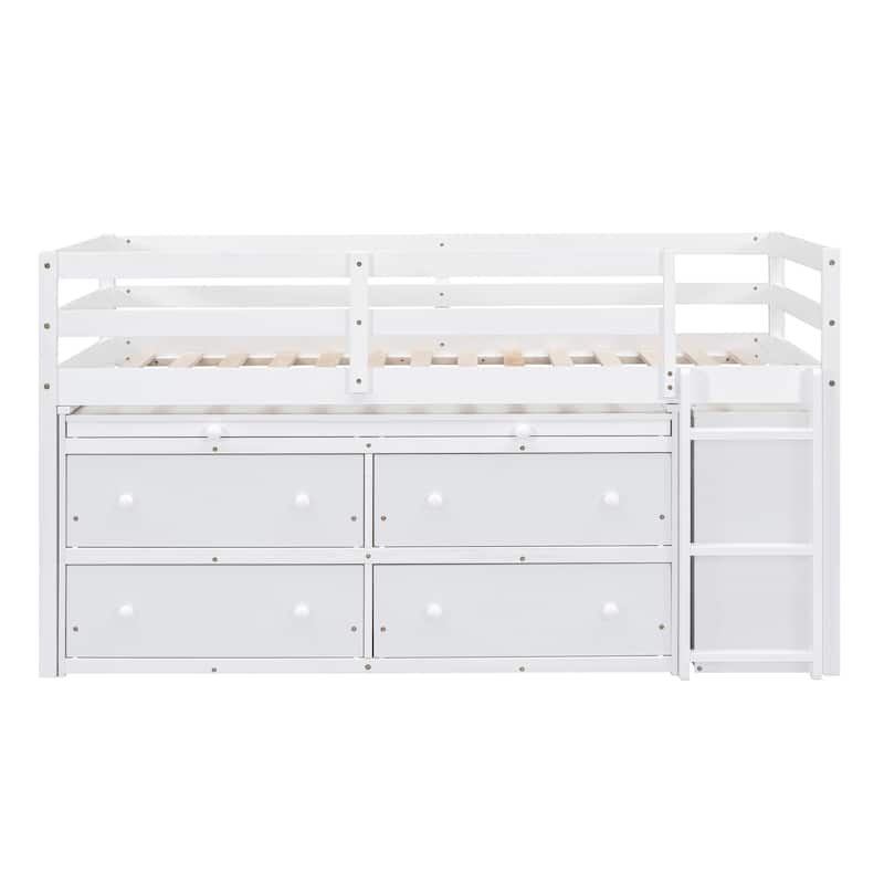 Solid Wood Loft Bed with Retractable Writing Desk and 4 Drawers, Lateral Portable Desk and Shelves