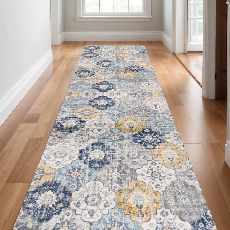 HomeRoots Floral Medallion Mid-Century Runner Area Rug - 168 in. x 27 in. x 0.4 in. - 168 in. x 27 in.  x 0.4 in.