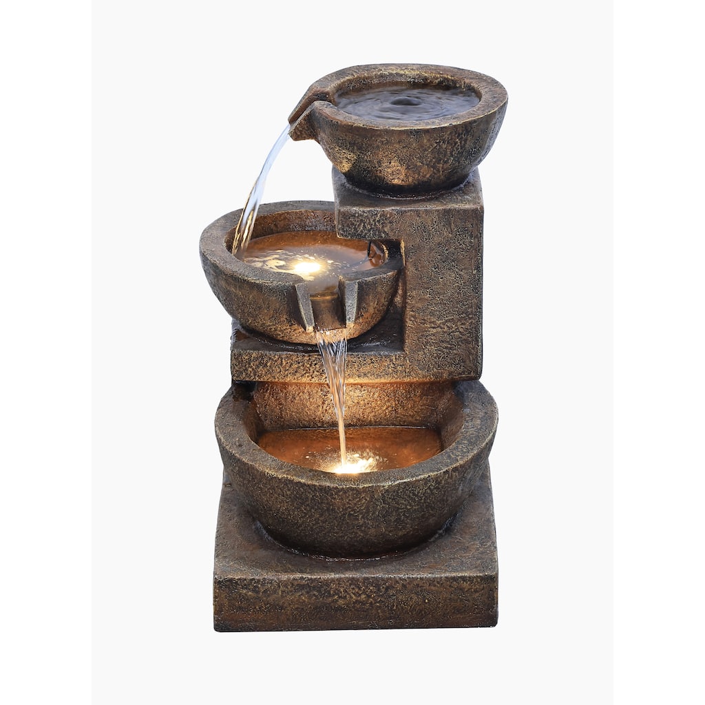 Cascading Bowl Fountain with Dual Warm White LEDs - Brown
