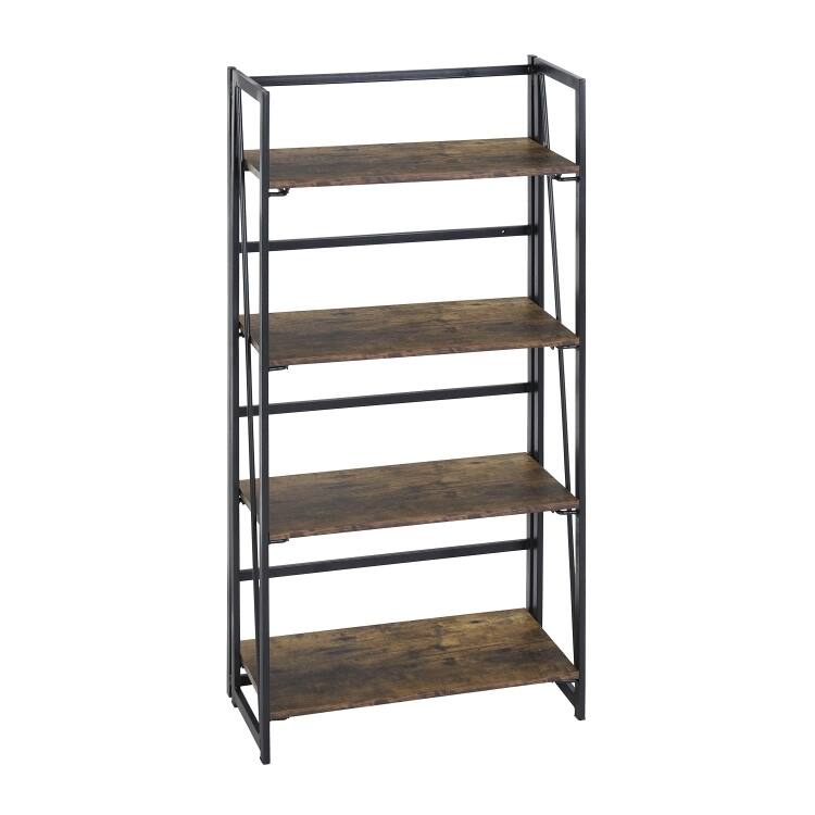 Folding 4-Tier Industrial Bookshelf - No-Assembly, Sturdy Brown & Black Bookcase for Home Organization - Brown