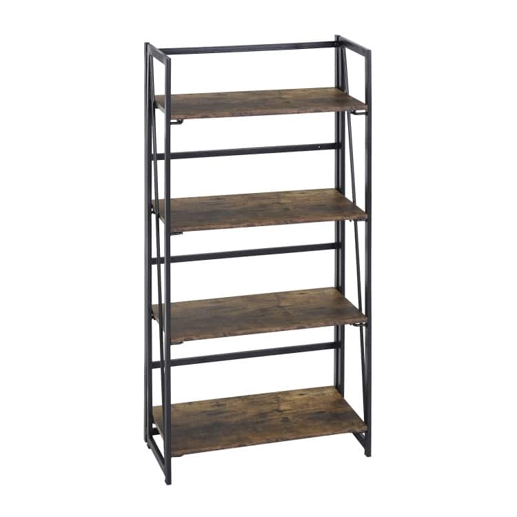 Folding 4-Tier Industrial Bookshelf - No-Assembly, Sturdy Brown & Black Bookcase for Home Organization