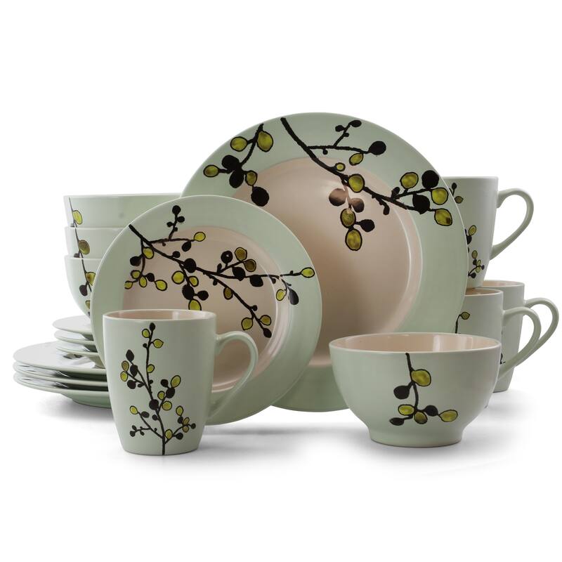 Summer Olive Blossom Round Stoneware Dinnerware Set 16 Pieces - Multi - 16 Piece