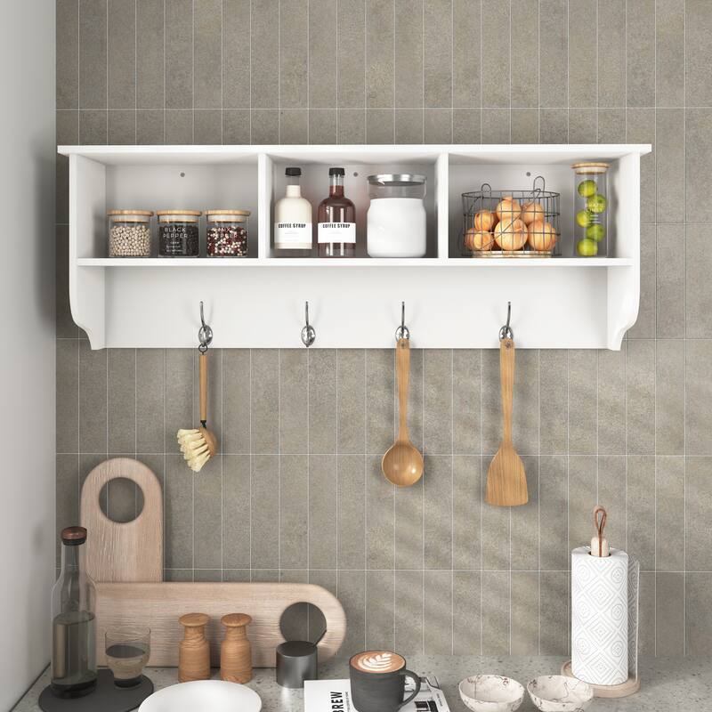 Anmytek White Wall Mounted Coat Rack 4 Dual Hooks Wooden Storage Shelf Entryway Living Room