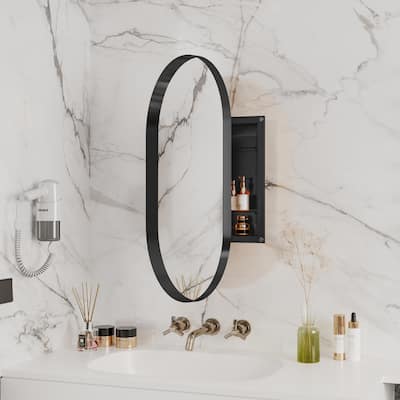 20" * 34" Oval Recessed Black Metal Framed Medicine Cabinet with Mirror - 33.46 inches L x 20.47 inches W x 4.52 inches H