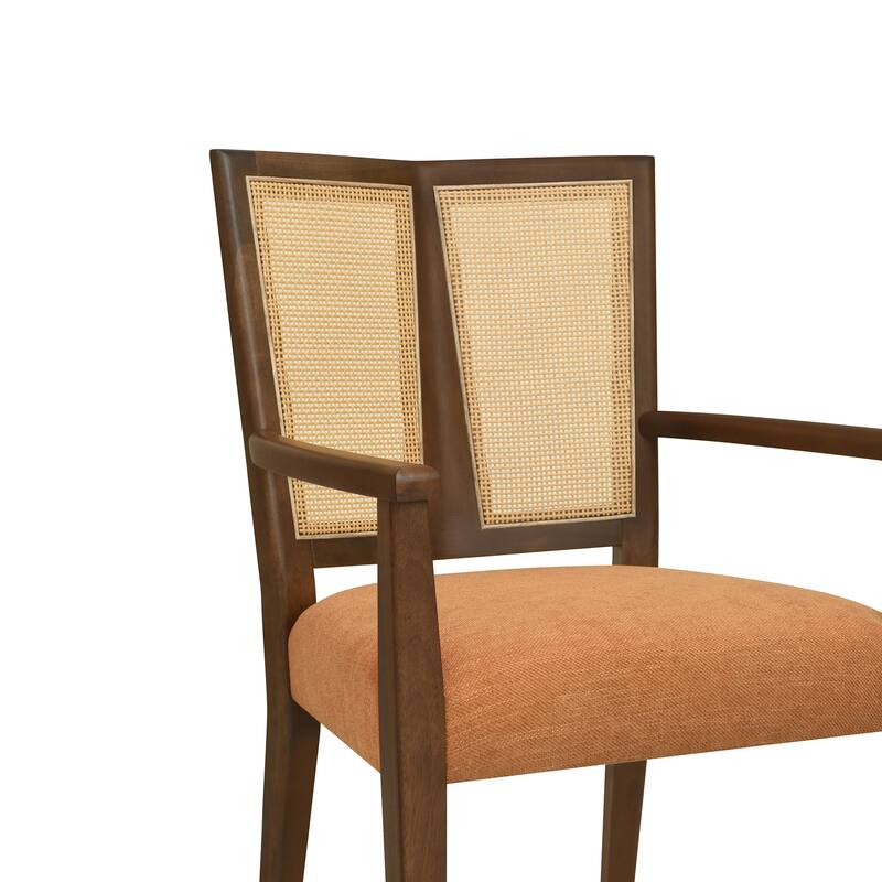 Set of 2 Modern Wooden Arm Dining Chairs with Rattan Backrest, Upholstered Fabric Seat, Rubberwood Frame
