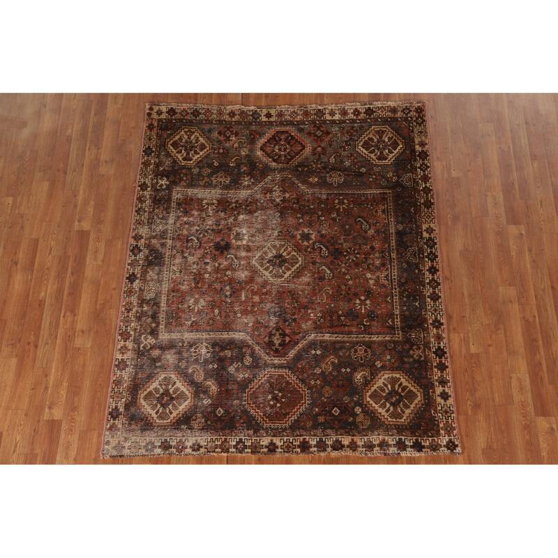 Pre-1900 Antique Qashqai Persian Rug Hand-knotted Wool Carpet - 5'2"x 6'5"